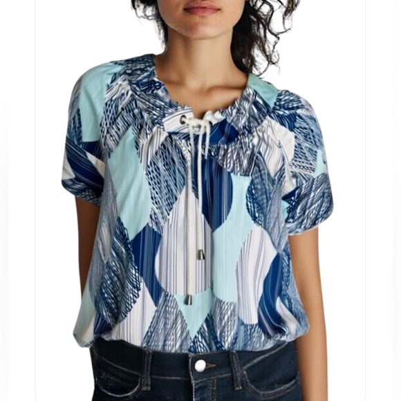 Calvin Klein Nautical Blouse Short Sleeve Tie Neck Rope Size XS Abstract Cotton - Picture 1 of 8